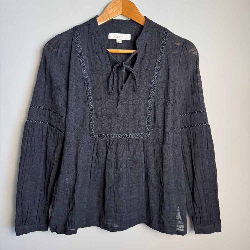 LOFT Women's Small Sheer Blouse‎ Long Sleeve Tie V-Neck Boho Whimsigoth Black